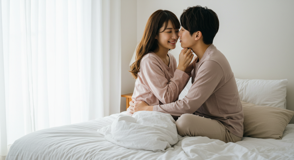 ベッドで抱き合っているラブラブな男女
