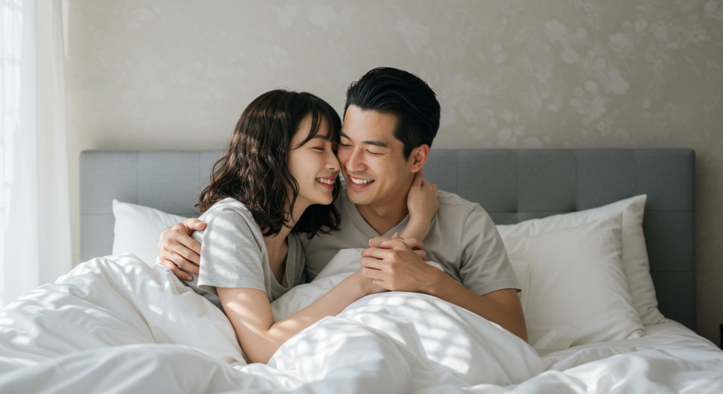 男女が仲良くベッドの上で抱きしめている