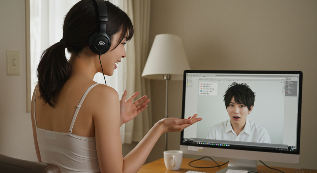 男性とのライブチャットを楽しんでいるチャットレディのお仕事をしている女性