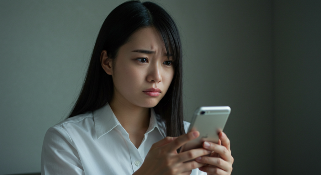 好きな人から連絡がこなくてスマホを見ながら悩んでいる女性