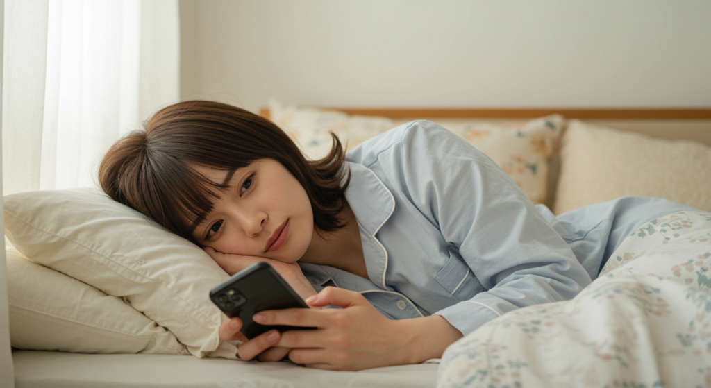 スマホをみて考えている女性