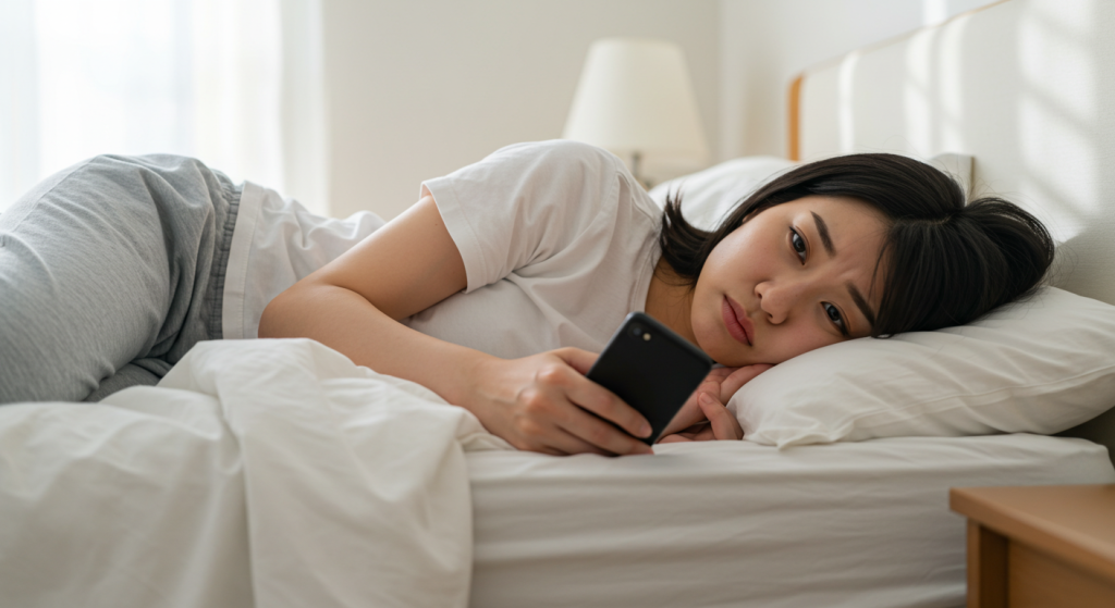 ベッドで寝転んでメールの返事を待っている女性