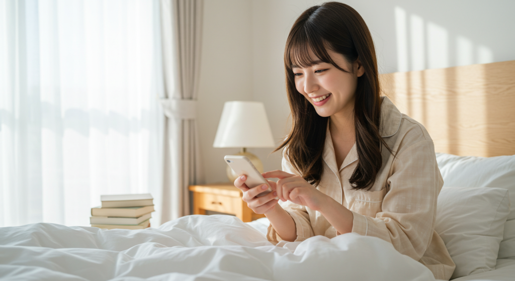 ベッドの上で楽しそうにスマホを見ている女性