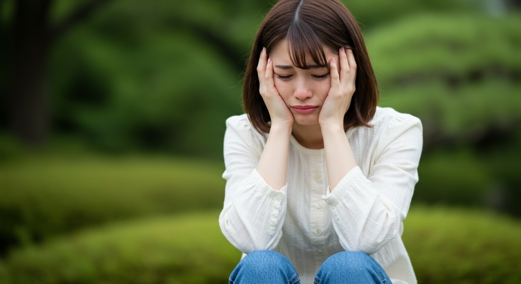 頭を抱えて泣きそうになっている女性
