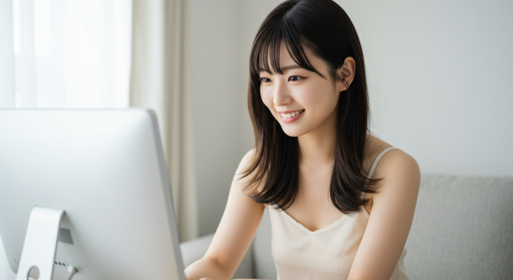 微笑みながらパソコンを触っている女性