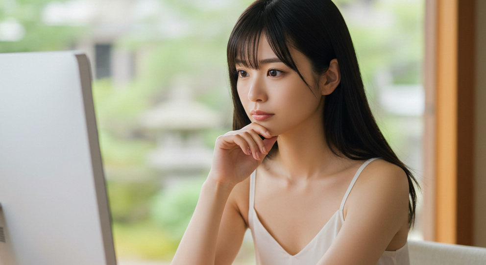 怪しくないか考え込んでいる女性