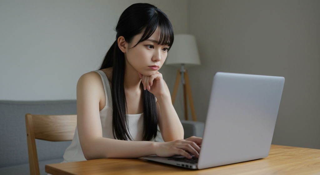 パソコンを見て考え込む女性