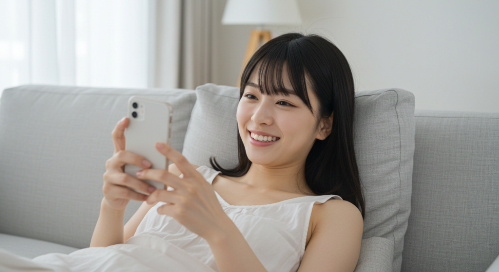 楽しそうにスマホのアプリを楽しんでいる女性