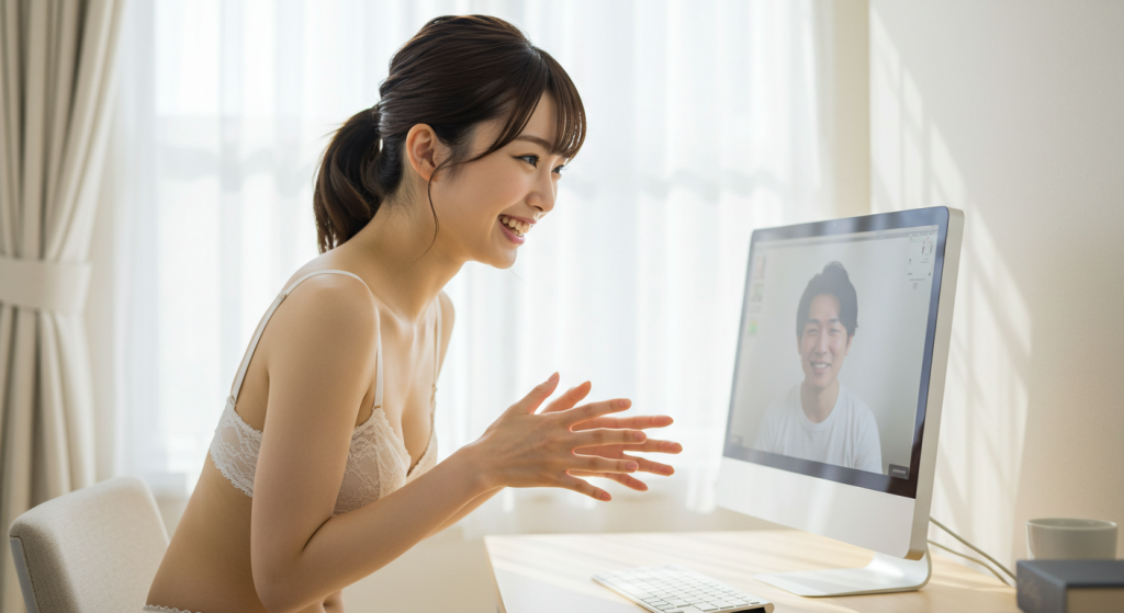 下着姿で楽しそうに男性と話している女性