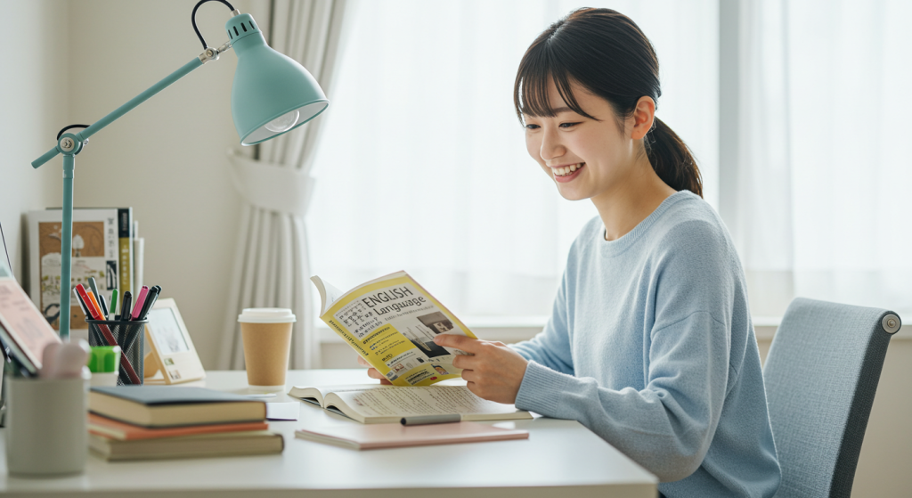 楽しそうにソロ活勉強をしている女性