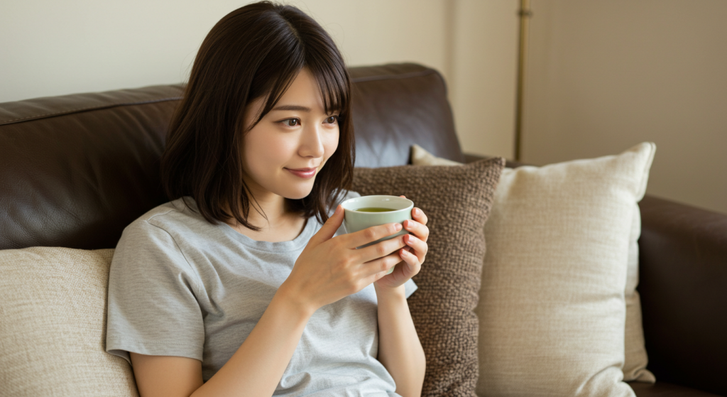 ソファーでくつろぐ女性