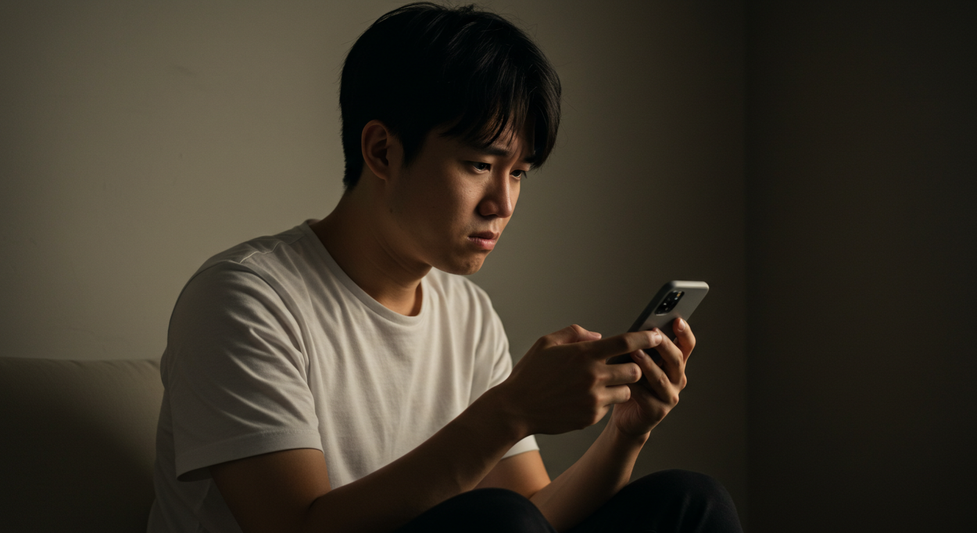 スマホを見ながら悩んでいる男性