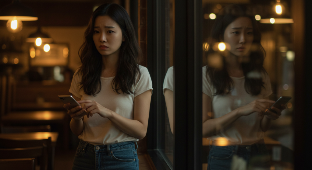 セフレとの関係に悩んでスマホを触りながら不安そうな女性