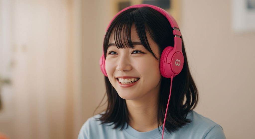 ヘッドホンをつけてニコニコ微笑んでいる女性