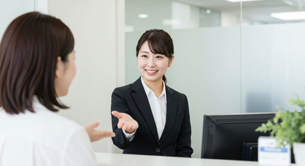 説明している受付の女性