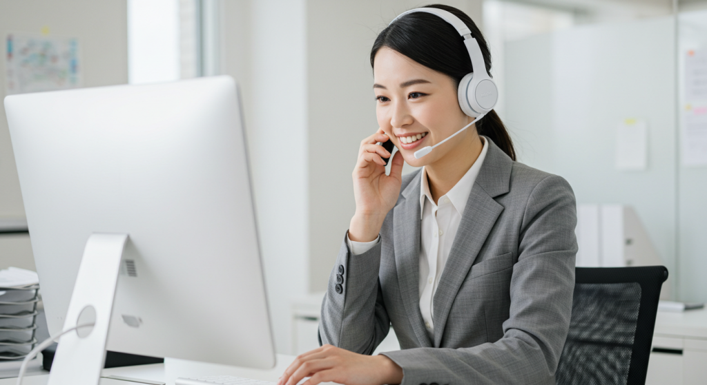 ヘッドホンをつけて話しているチャットレディ